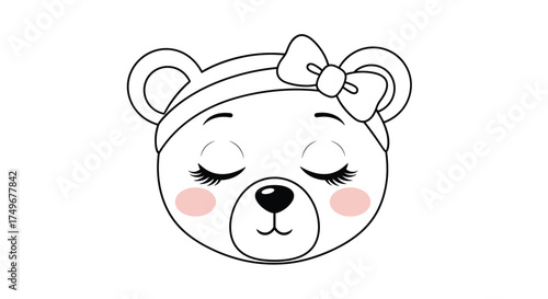 Cute sleepy bear with pink blush on cheeks and a bow on its head.