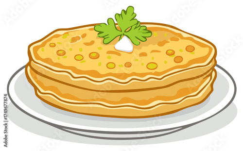Delicious Stacked Flatbread Served on a Plate with Cream and Green Herb Illustration