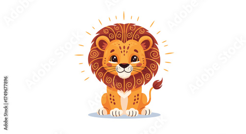 A cute little lion with a majestic mane and golden sun rays surrounding its head.