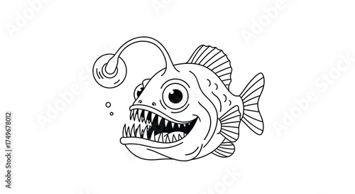 An illustration of a deep sea anglerfish with a bioluminescent lure and sharp teeth.