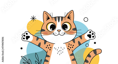 An adorable tabby cat with wide open paws ready for a hug.