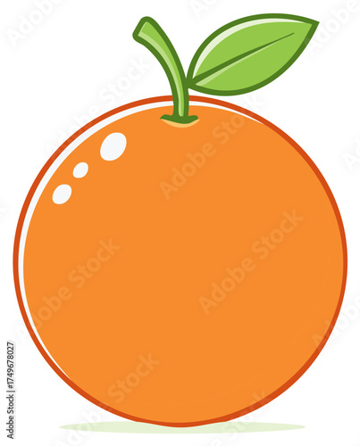 Fresh Orange Cartoon Style Illustration with Leaf and Stem Isolated