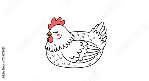 A cute cartoon hen is resting peacefully with its eyes closed.