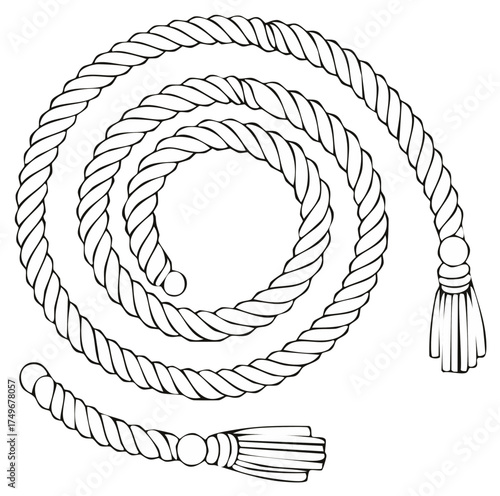 Black and white line art illustration of a coiled rope with decorative tassel ends