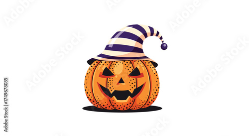 A cheerful jack-o-lantern wearing a striped witch hat.