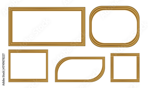 Set of five different wooden picture frames isolated on white background