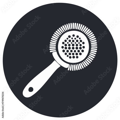 White bar strainer icon with handle against a dark circular background