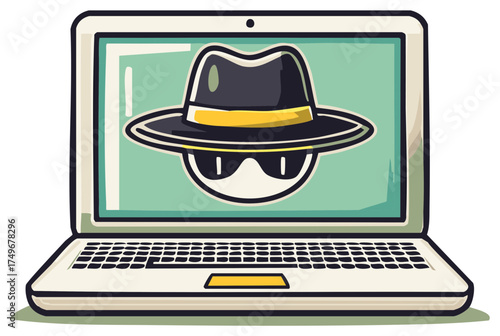 Cartoon laptop screen depicting a spy with hat and glasses, security and privacy concept