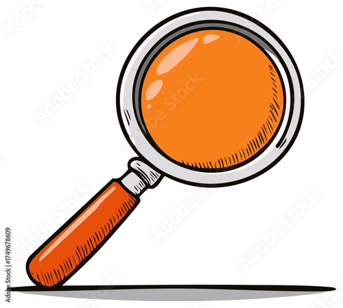 Illustrated magnifying glass with orange handle, cartoon style