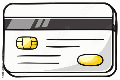 A cartoon credit card featuring a chip, stripe, and signature panel for cashless transactions.