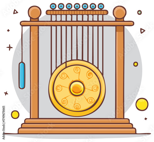 Vintage Gong Instrument with Hanging Mallet and Decorative Elements