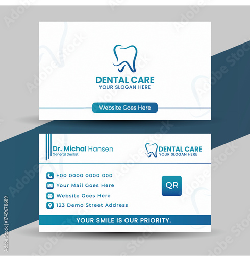 Modern dental care business card isolated on white background template design layout