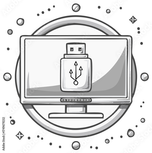 Grayscale doodle illustration of computer monitor and USB data storage