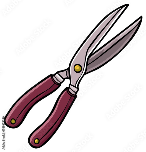 Illustration of Garden Hedge Shears with Burgundy Handles