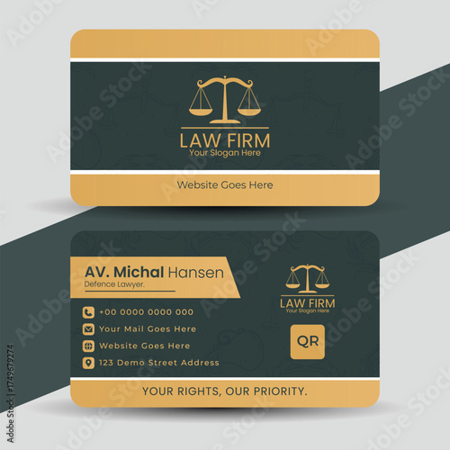 Elegant law firm business card template isolated on white background design layout