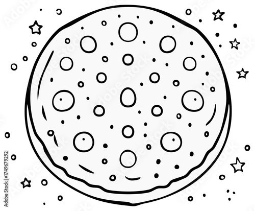 Whimsical hand drawn illustration of the moon with craters and stars in outline style