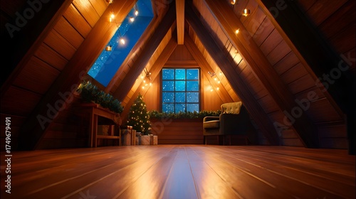 Cozy attic decorated for the holidays with a Christmas tree, presents, and warm lights illuminating the space
