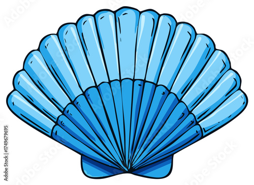 A stylized blue scallop shell with bold black outlines and a fan like appearance