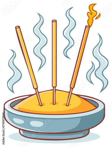 Burning yellow incense sticks with flame and smoke in a bowl for spiritual offering or meditation ritual