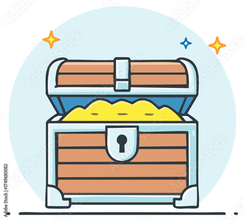 Open wooden treasure chest full of sparkling gold cartoon vector icon