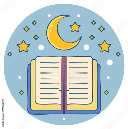 Open book under a starry night sky with a crescent moon
