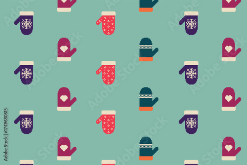 Seamless pattern with winter mittens in pixel art style. Multicolored socks in 8-bit style. Vector illustration.