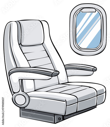 Comfortable airplane passenger seat next to a window with blue sky reflection