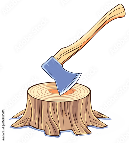 Axe on Wood Stump Cartoon Illustration For Forestry or Logging Concept