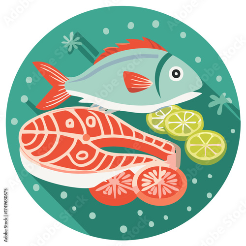 Illustration of seafood: fish, salmon steak, lemon slices, tomatoes on a plate