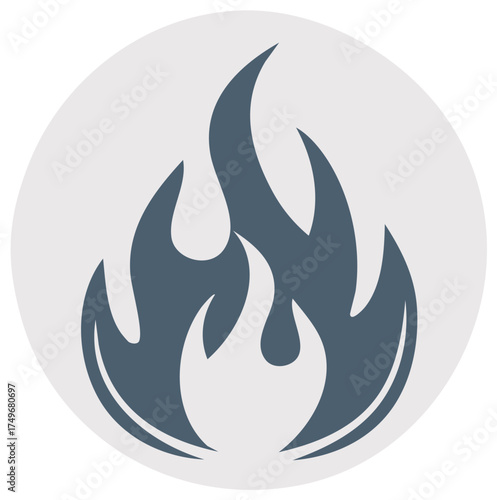 Stylized graphic icon depicting a dynamic hot blazing fire symbol representing energy power and warmth in a circular frame.