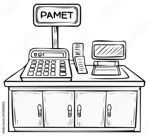 Black and white line art of a checkout counter with a cash register display screen and receipts