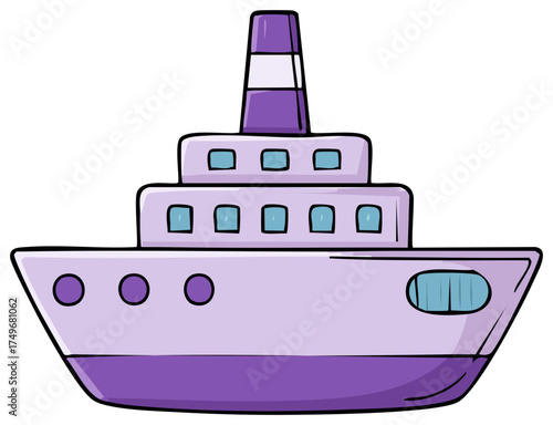 Cute cartoon illustration of a large purple passenger steamship or ocean liner