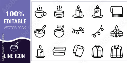 Cozy Winter and Relaxation Line Icons Keywords: hot drink, cup, steam, bowl, soup, spoon, candle