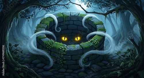 Watcher in the Well Glowing Monster Eyes and Ghostly Mist in a Moonlit Forest.