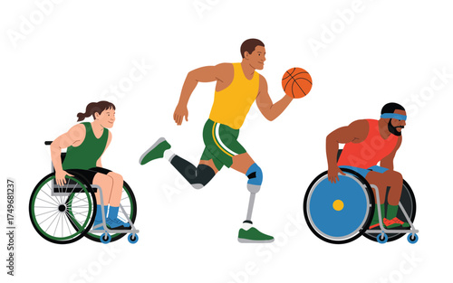 Diverse Athletes Playing Wheelchair Basketball Keywords: wheelchair, basketball, athletes, sport