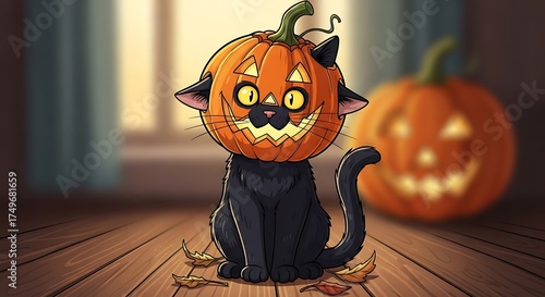 Whimsical Halloween Cat with a Carved Pumpkin Helmet and Glowing Yellow Eyes.