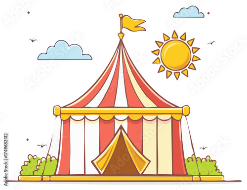 Cartoon illustration of a circus tent under a sunny sky and clouds