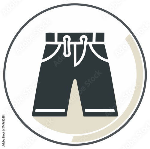 Vector icon rendering stylish casual drawstring shorts with pockets in a circular frame for apparel design