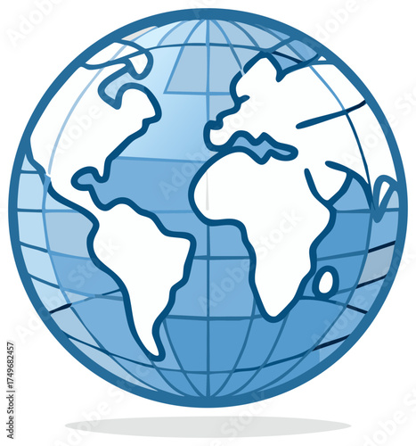 Blue stylized globe with continents and latitude longitude lines