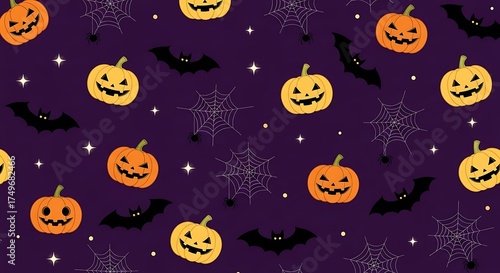 Whimsical Halloween Pattern Smiling Pumpkins Bats and Spiderwebs on Deep Purple Background.
