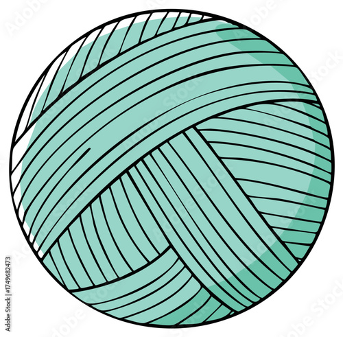 Hand drawn illustration of a ball of teal yarn with black outlines