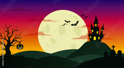 Spooky Halloween background with haunted castle, full moon, and a pumpkin on a barren tree, perfect for festive designs