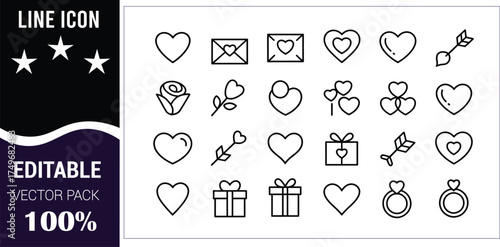 Love and Romance Line Icons Set Keywords: love, heart, romance, valentine, gift, rose, arrow