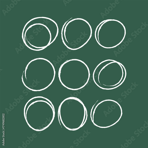 Set of sketch contours of a ellipse drawn manually with a single line chalk. An empty element for marking, highlighting important things, Vector format