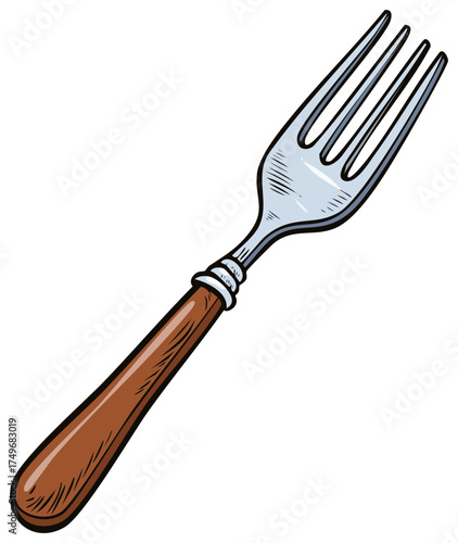 Cartoon Fork with Brown Handle Cutlery Utensil for Dining and Eating Meal Serving with Four Tines