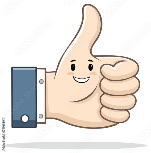 Friendly cartoon hand character with a happy smiling face showing a cheerful thumbs up