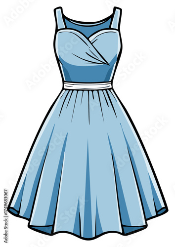 Classic light blue sleeveless dress illustration with crossover bodice and full pleated skirt