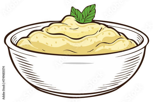 Bowl of mashed potatoes with a sprig of mint, a culinary illustration