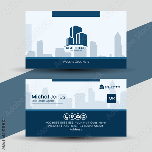 Modern real estate business card design isolated on white background for professional agent