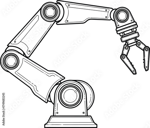 A detailed vector drawing of an industrial robotic arm isolated on white background, showcasing its mechanical structure with joints, pistons, and a gripper, representing automation and precision engi